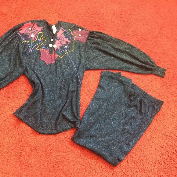 vintage 80s  black metallic knit embroidered matching set - Picture 15 of 15